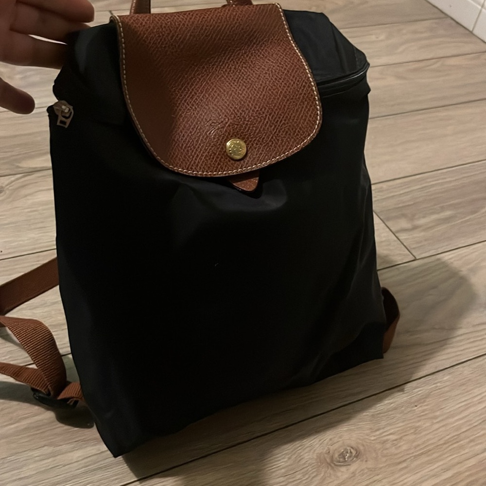 Longchamp Black Nylon Backpack with Brown Leather Trim